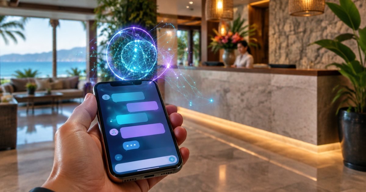 Mano sosteniendo un celular con una conversación de chat y líneas de red luminosas que representan un agente de inteligencia artificial, con la recepción de un hotel al fondo