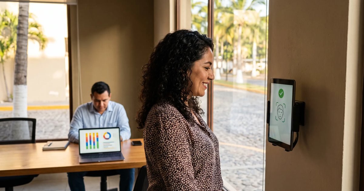 Colaboradora registrando su entrada en un checador en línea con reconocimiento facial mientras un gerente revisa el tablero de jornadas