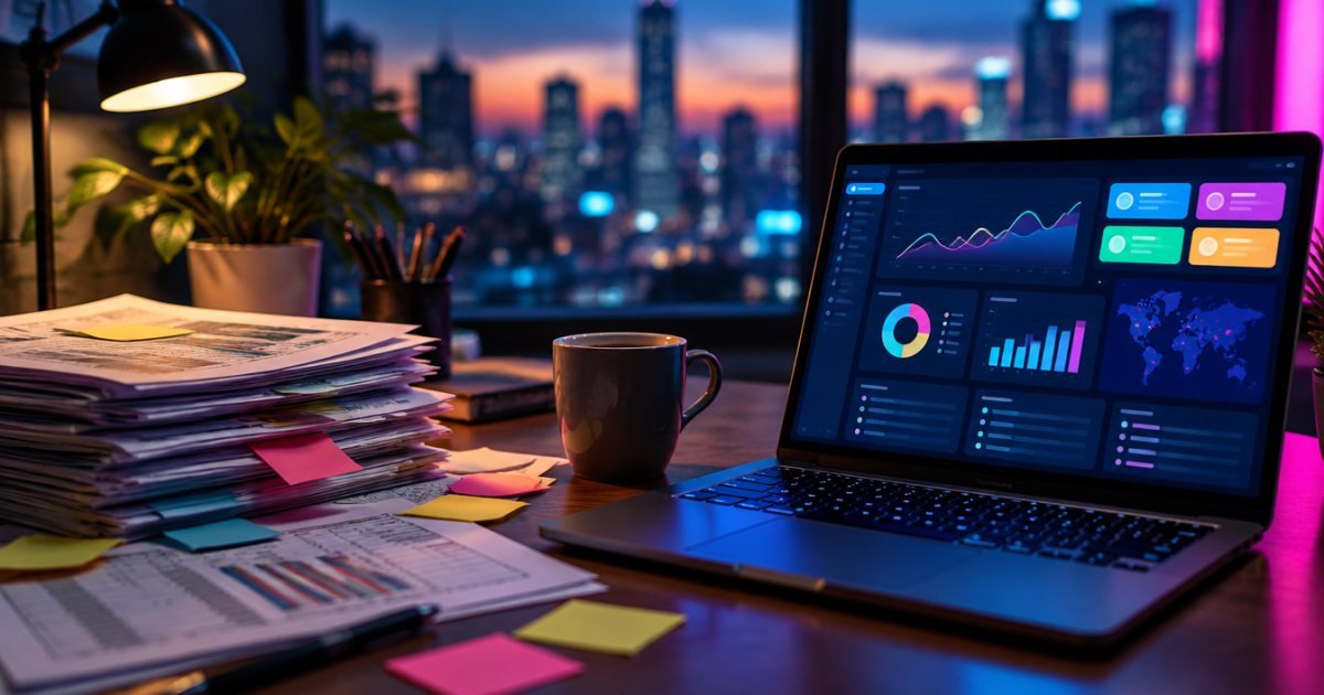 Escritorio con hojas de cálculo impresas y notas adhesivas junto a una laptop que muestra un tablero digital ordenado