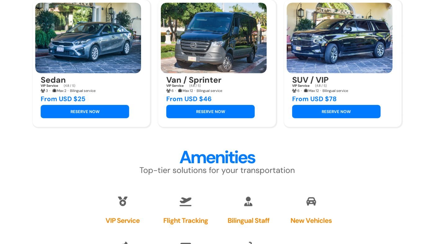 Vehicle catalog with capacity, luggage and starting fare — every card leads to booking.