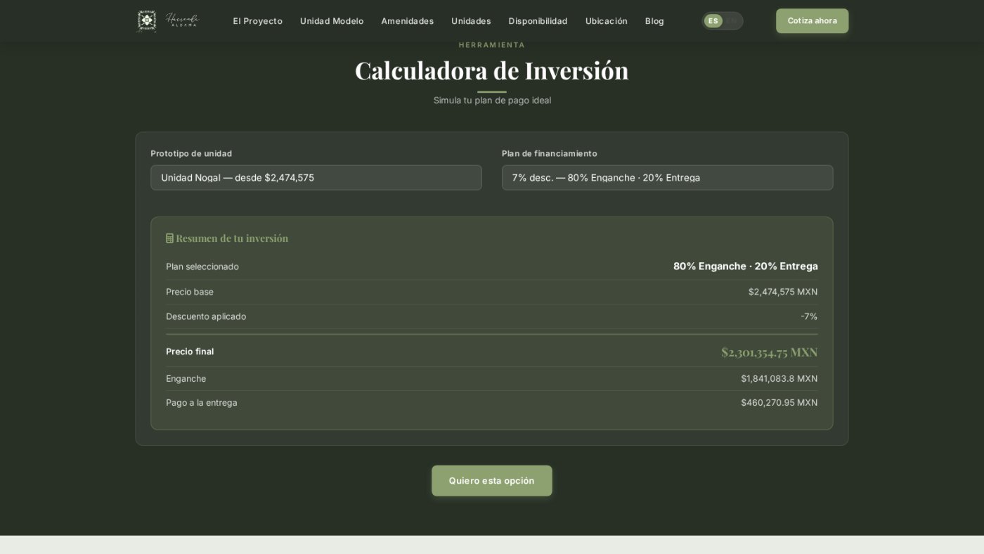 La calculadora de inversión: prototipo y plan de pago dan precio final, enganche y entrega.