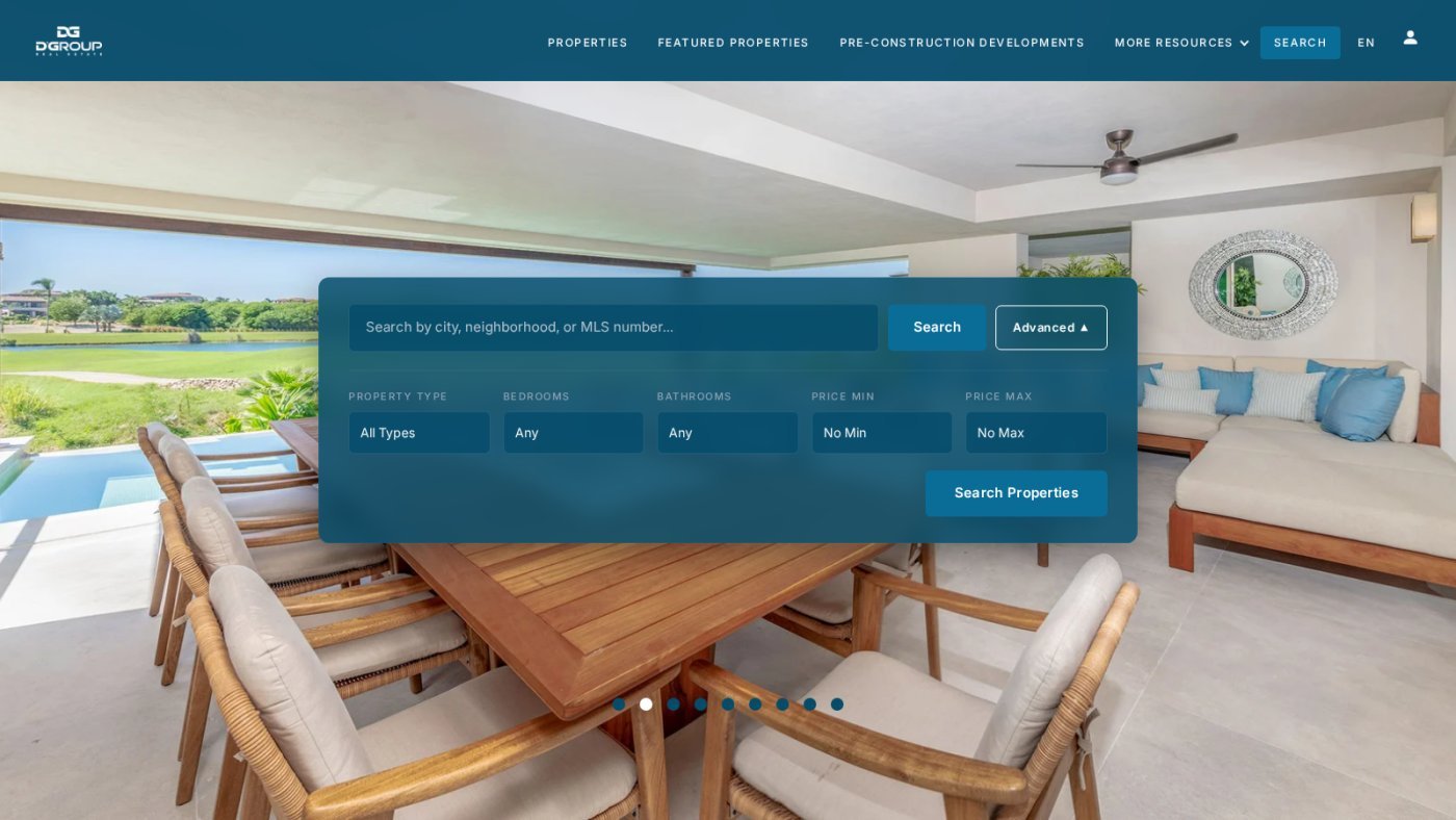 The hero search with advanced filters: type, bedrooms, baths and price range.