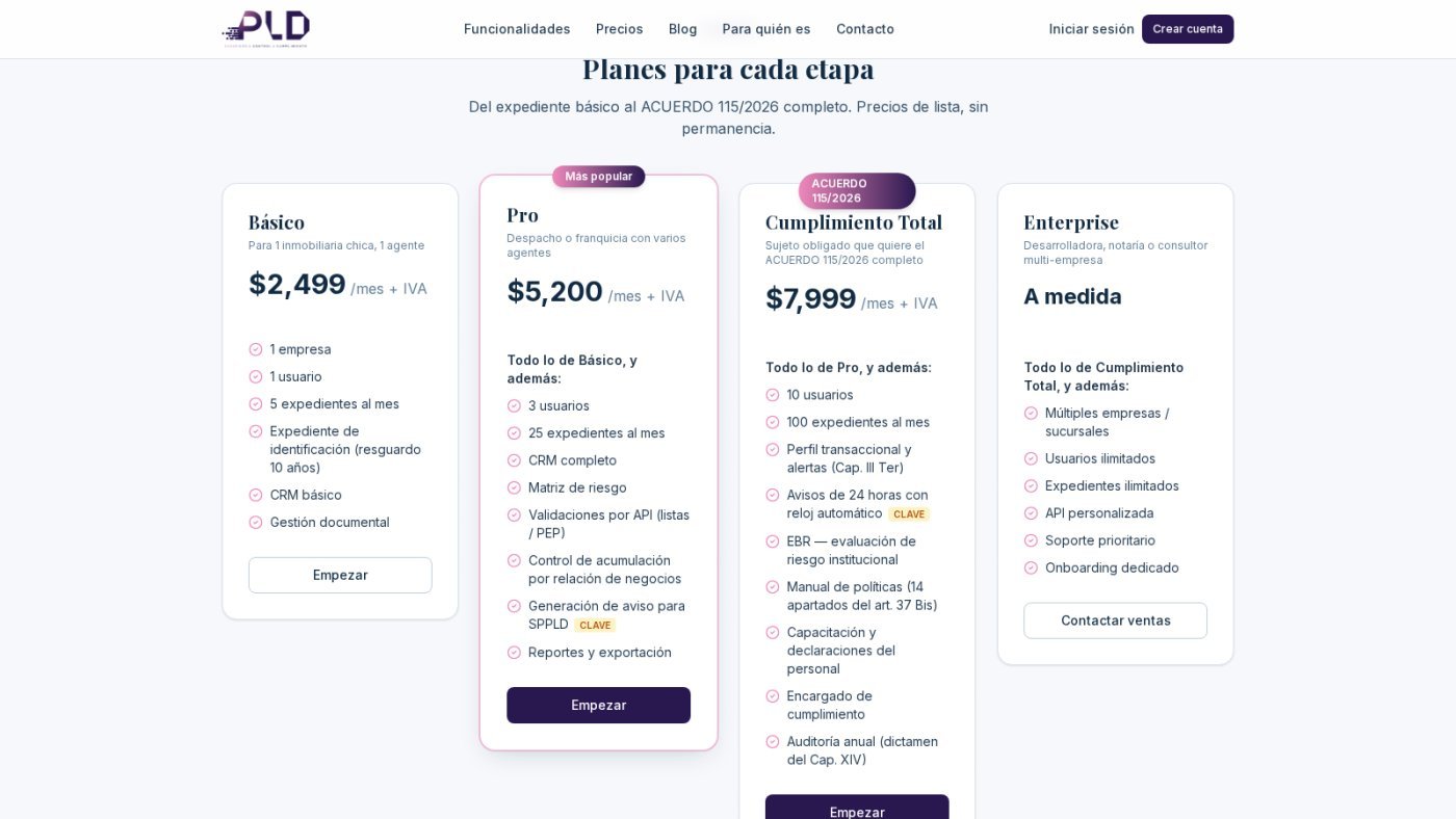 Plans by stage, from the basic file to full compliance, with public pricing.