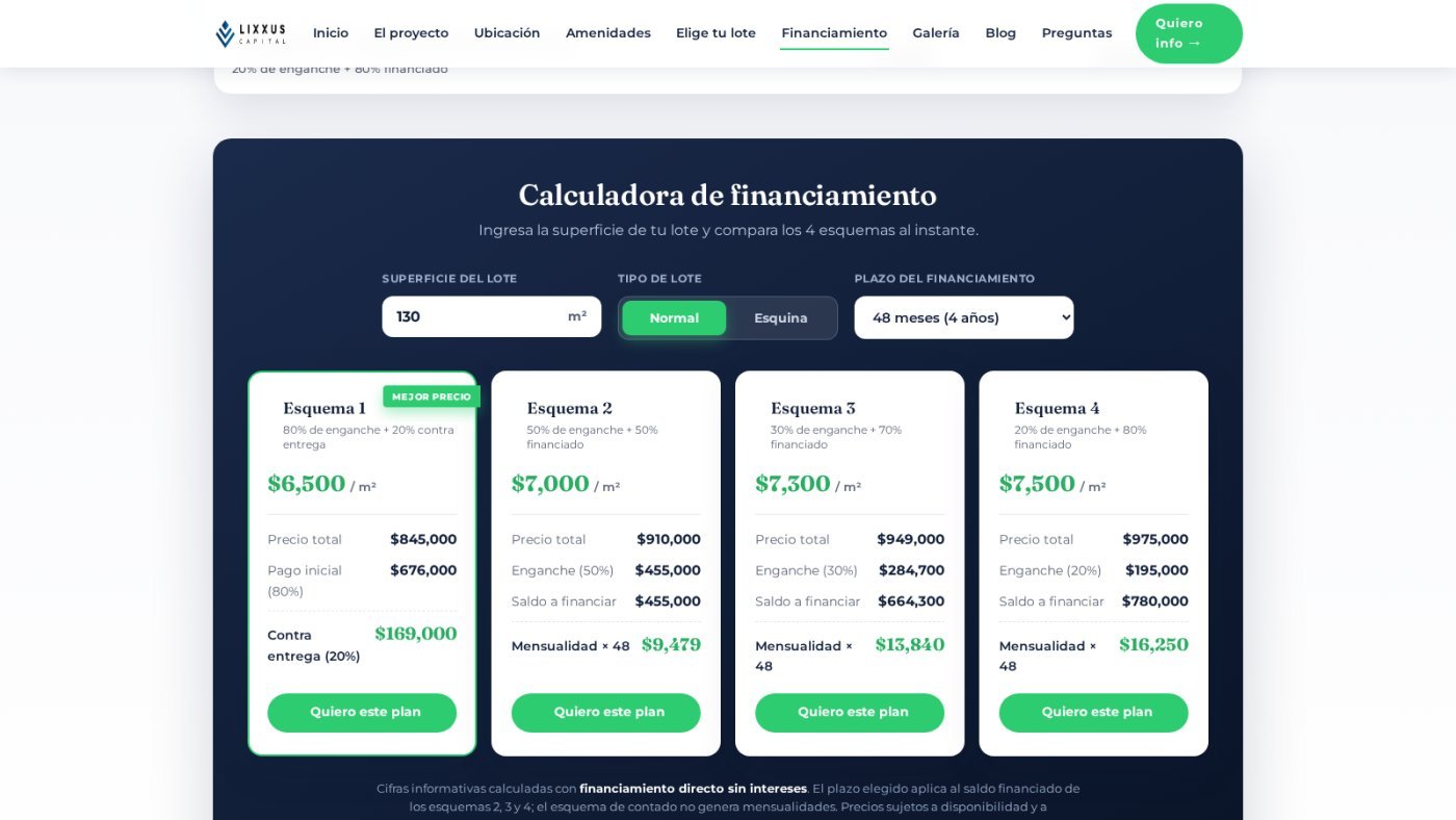 La calculadora: superficie, tipo de lote y plazo comparados en los cuatro esquemas de pago.